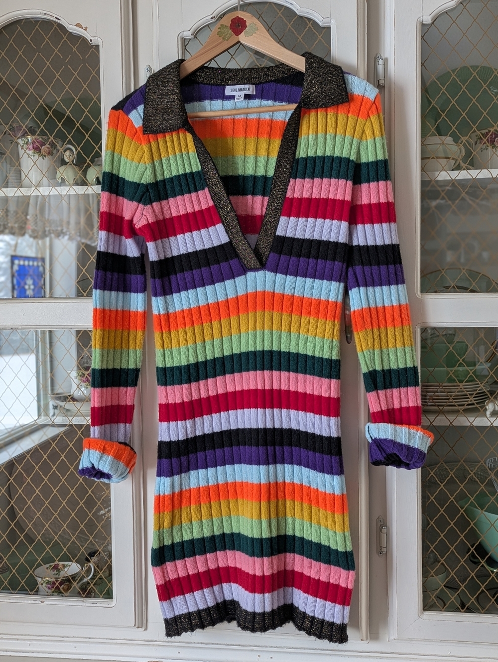 🌈NWOT Steve Madden Striped Rainbow Ribbed Knit Dress Collar Multicolor